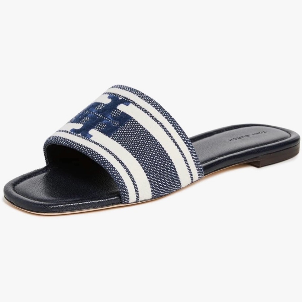 Tory Burch Women's Logo Jacquard Slide Sandals, Ash White/Blue Chiaro, 7